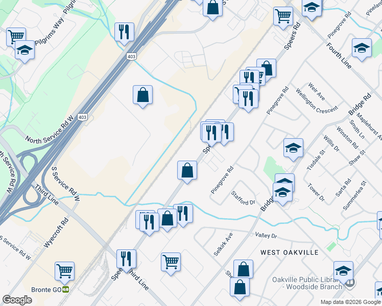 map of restaurants, bars, coffee shops, grocery stores, and more near 1309 Speers Road in Oakville