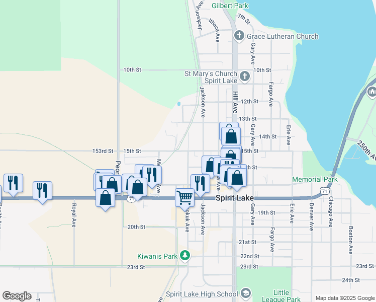map of restaurants, bars, coffee shops, grocery stores, and more near 1501 Keokuk Avenue in Spirit Lake