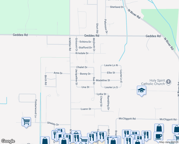 map of restaurants, bars, coffee shops, grocery stores, and more near 1135 Sue Street in Saginaw