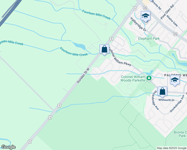 map of restaurants, bars, coffee shops, grocery stores, and more near 2360 Natasha Circle in Oakville
