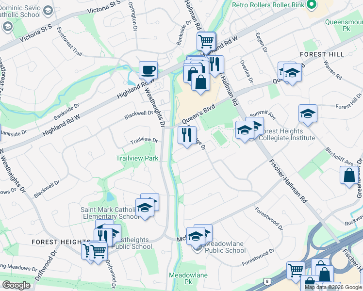 map of restaurants, bars, coffee shops, grocery stores, and more near 139 Hillbrook Crescent in Kitchener