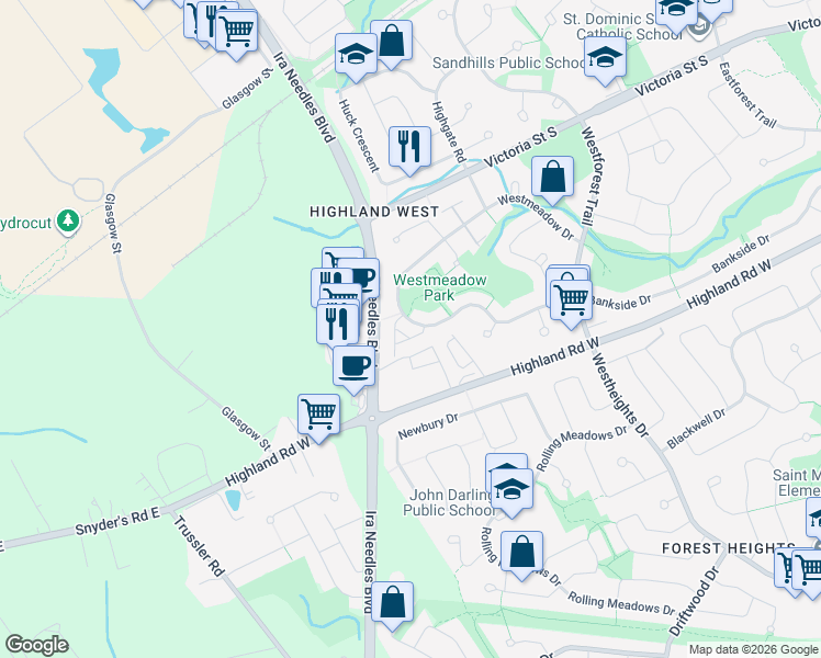 map of restaurants, bars, coffee shops, grocery stores, and more near 246 Westmeadow Drive in Kitchener
