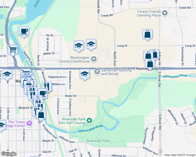 map of restaurants, bars, coffee shops, grocery stores, and more near Rolfs Avenue in West Bend