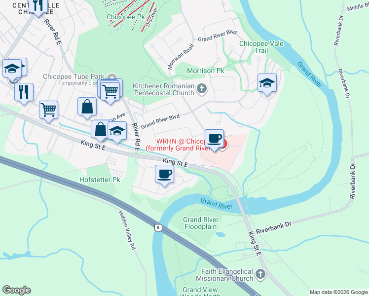 map of restaurants, bars, coffee shops, grocery stores, and more near 24 Morrison Road in Kitchener