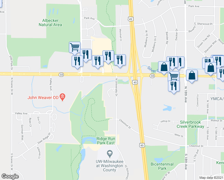 map of restaurants, bars, coffee shops, grocery stores, and more near 230 North University Drive in West Bend