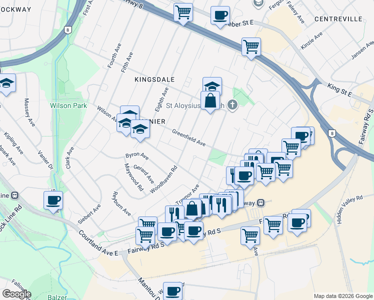 map of restaurants, bars, coffee shops, grocery stores, and more near 79 Woodhaven Road in Kitchener