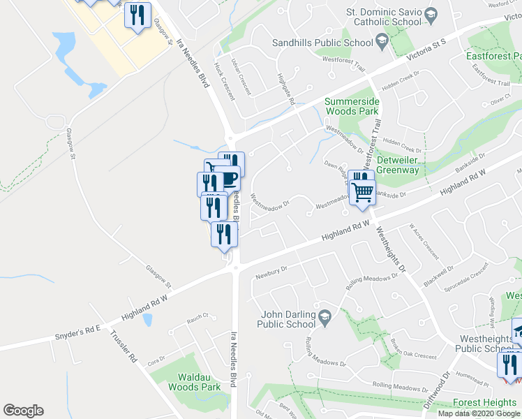 map of restaurants, bars, coffee shops, grocery stores, and more near 246 Westmeadow Drive in Kitchener