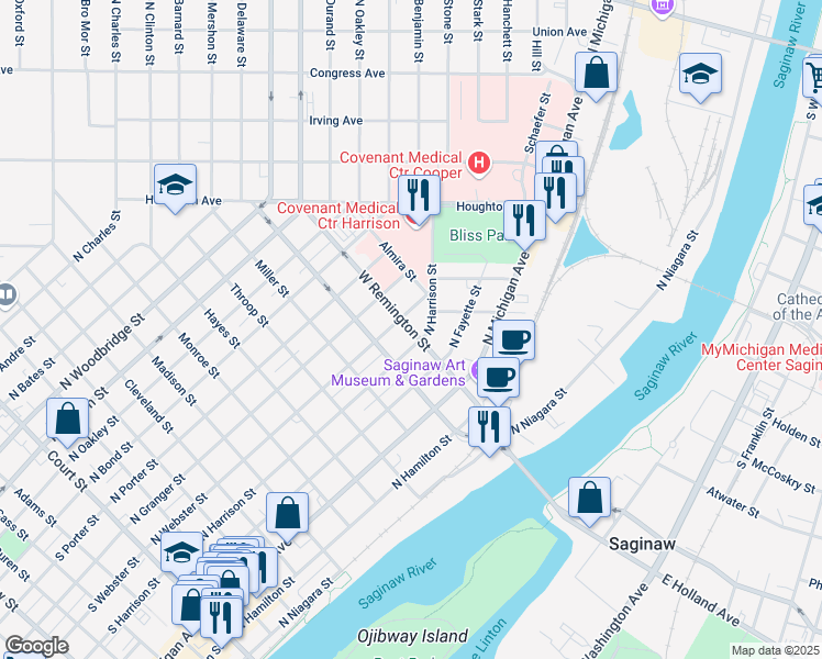 map of restaurants, bars, coffee shops, grocery stores, and more near West Remington Street in Saginaw