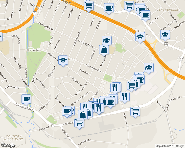 map of restaurants, bars, coffee shops, grocery stores, and more near 79 Woodhaven Road in Kitchener