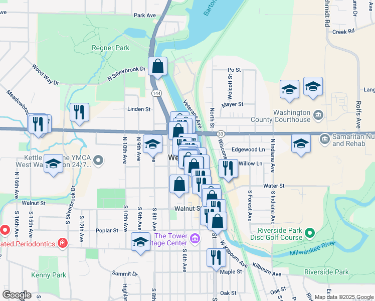 map of restaurants, bars, coffee shops, grocery stores, and more near in West Bend