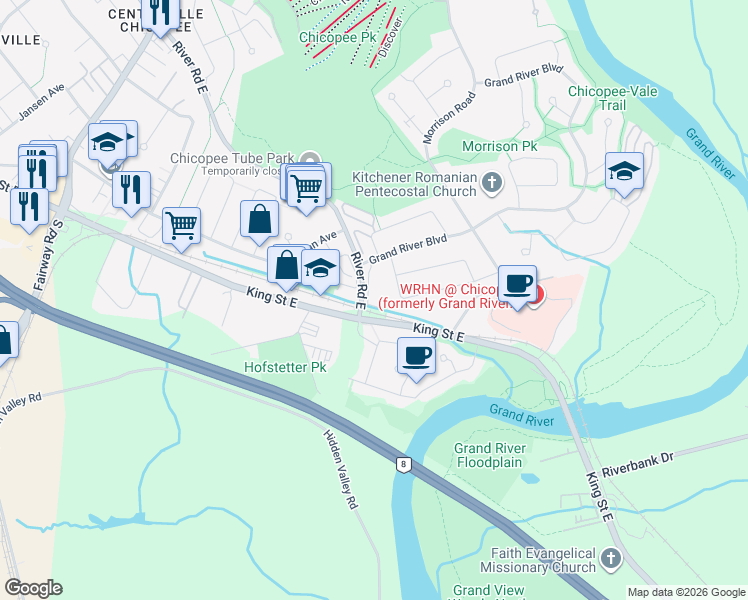 map of restaurants, bars, coffee shops, grocery stores, and more near 11 Grand River Boulevard in Kitchener