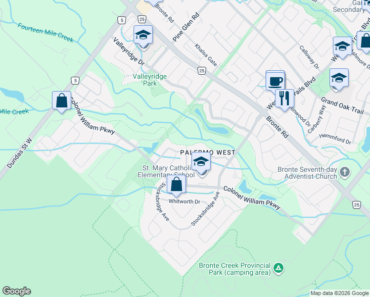 map of restaurants, bars, coffee shops, grocery stores, and more near 2269 Wuthering Heights Way in Oakville