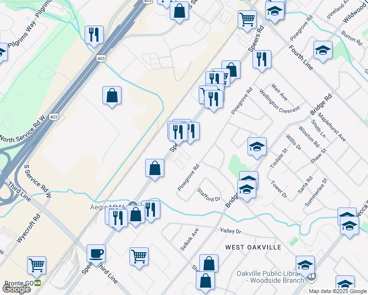 map of restaurants, bars, coffee shops, grocery stores, and more near 1260 Speers Road in Oakville