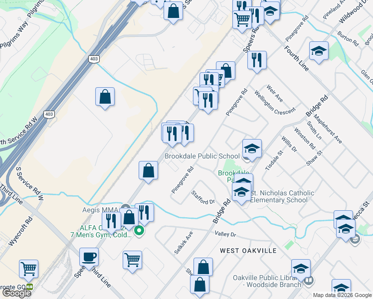 map of restaurants, bars, coffee shops, grocery stores, and more near 1252 Speers Road in Oakville