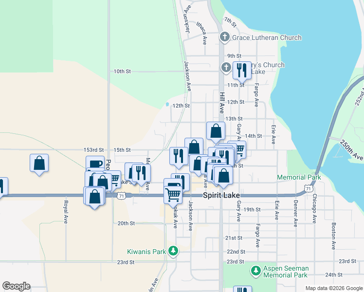 map of restaurants, bars, coffee shops, grocery stores, and more near 1301-1499 Keokuk Avenue in Spirit Lake