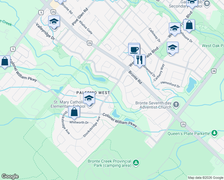 map of restaurants, bars, coffee shops, grocery stores, and more near Richview Boulevard in Oakville