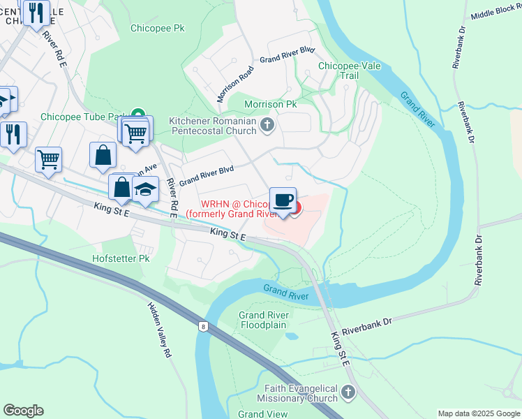 map of restaurants, bars, coffee shops, grocery stores, and more near 41 Morrison Road in Kitchener
