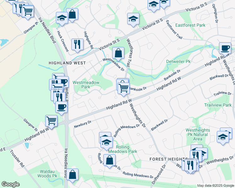 map of restaurants, bars, coffee shops, grocery stores, and more near 8 Michelle Court in Kitchener