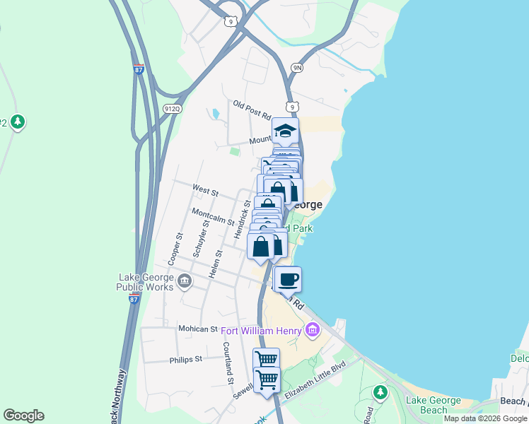 map of restaurants, bars, coffee shops, grocery stores, and more near 179 Ottawa Street in Lake George