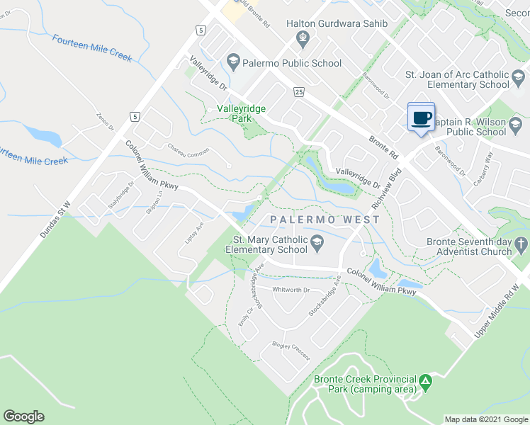 map of restaurants, bars, coffee shops, grocery stores, and more near 2309 Wuthering Heights Way in Oakville