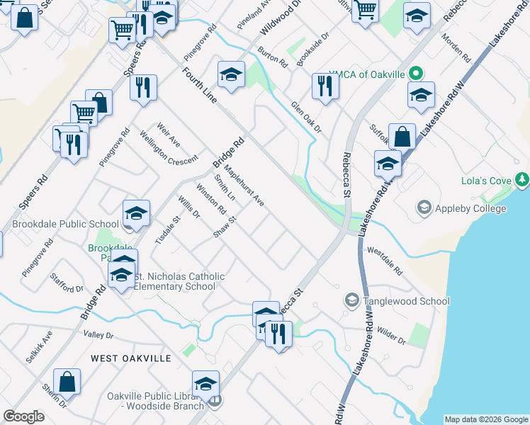 map of restaurants, bars, coffee shops, grocery stores, and more near 394 Maplehurst Avenue in Oakville