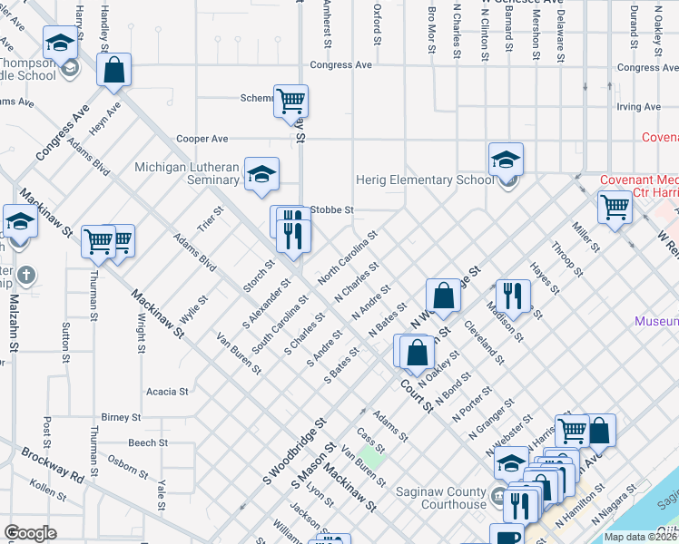 map of restaurants, bars, coffee shops, grocery stores, and more near 134 North Carolina Street in Saginaw