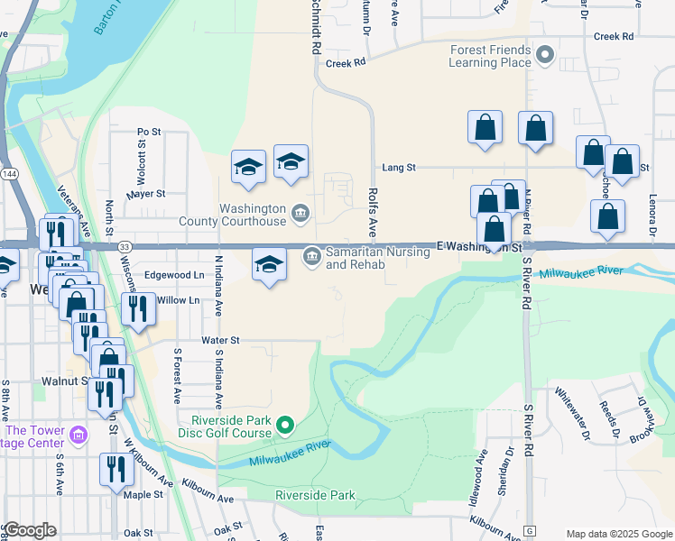 map of restaurants, bars, coffee shops, grocery stores, and more near 675 East Washington Street in West Bend
