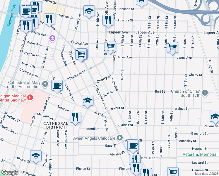 map of restaurants, bars, coffee shops, grocery stores, and more near 402 South 4th Avenue in Saginaw