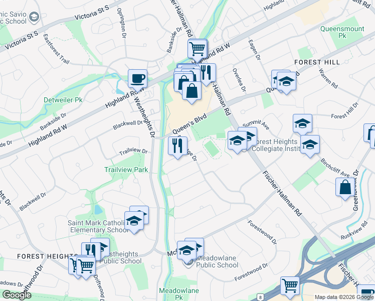 map of restaurants, bars, coffee shops, grocery stores, and more near 170 Elm Ridge Drive in Kitchener