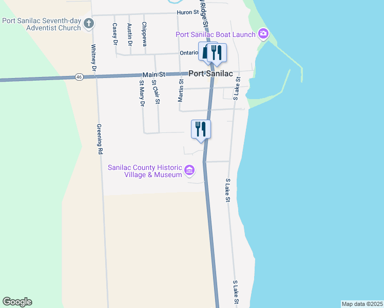 map of restaurants, bars, coffee shops, grocery stores, and more near 7237 Oakwood Boulevard in Port Sanilac