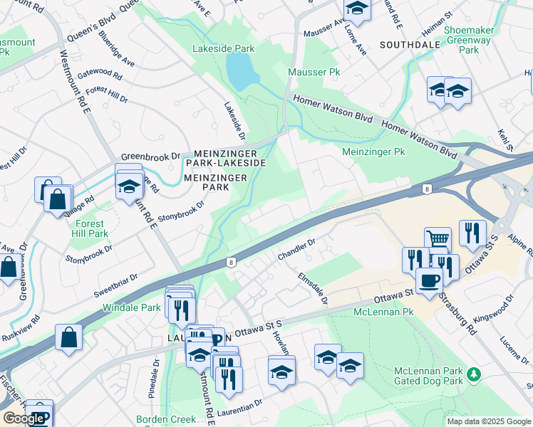 map of restaurants, bars, coffee shops, grocery stores, and more near Barbara Crescent in Kitchener