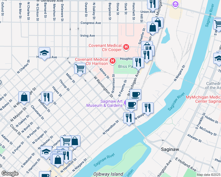 map of restaurants, bars, coffee shops, grocery stores, and more near 1113 North Webster Street in Saginaw
