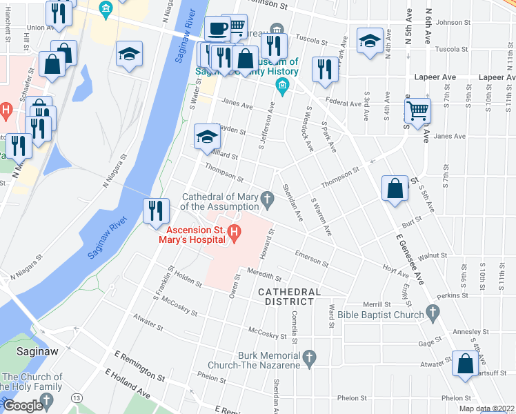 map of restaurants, bars, coffee shops, grocery stores, and more near 625 Owen Street in Saginaw
