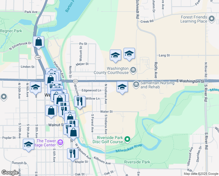 map of restaurants, bars, coffee shops, grocery stores, and more near 333 East Washington Street in West Bend
