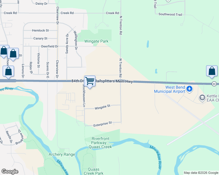 map of restaurants, bars, coffee shops, grocery stores, and more near 2795 East Washington Street in West Bend