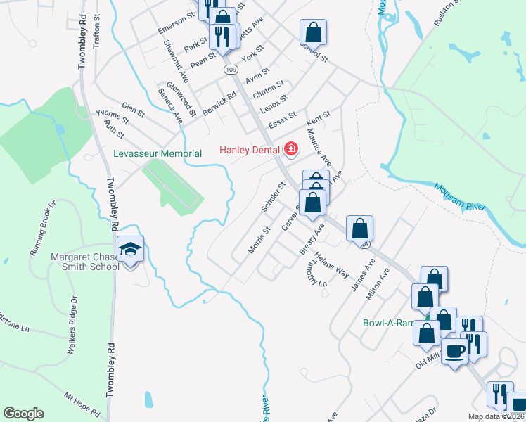map of restaurants, bars, coffee shops, grocery stores, and more near 21 Schuler Street in Sanford