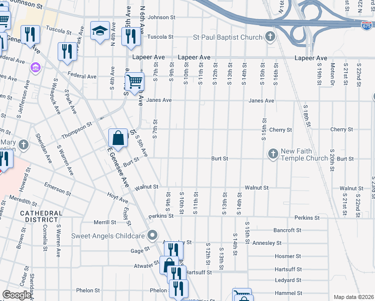 map of restaurants, bars, coffee shops, grocery stores, and more near 435 South 11th Street in Saginaw
