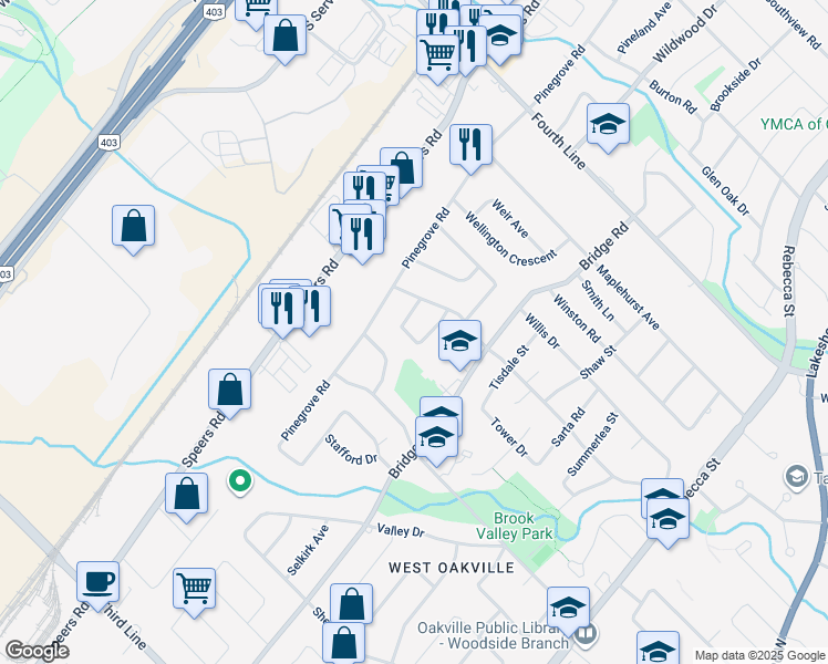 map of restaurants, bars, coffee shops, grocery stores, and more near 572 Wingrove Crescent in Oakville