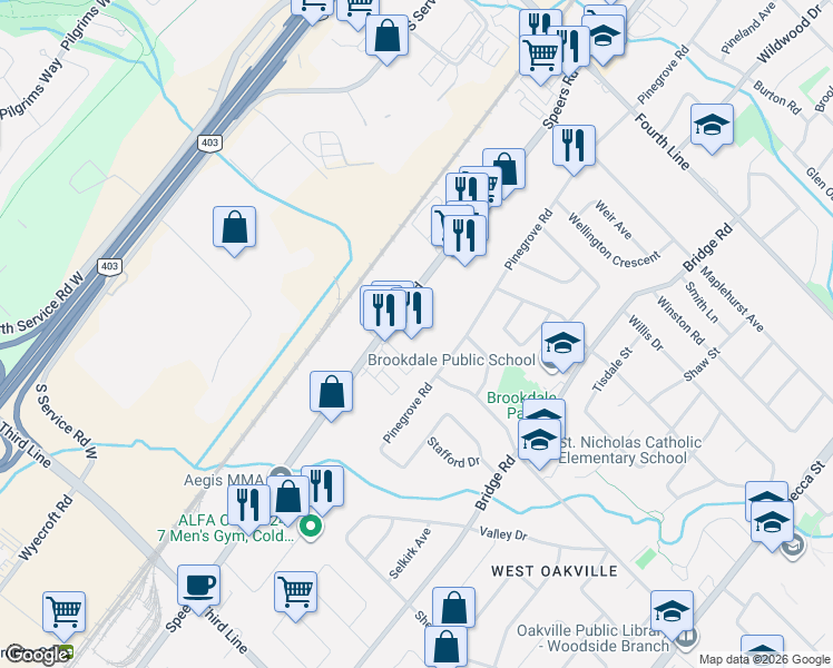map of restaurants, bars, coffee shops, grocery stores, and more near 1244 Speers Road in Oakville