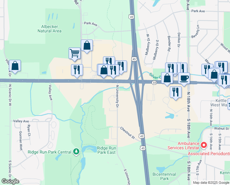 map of restaurants, bars, coffee shops, grocery stores, and more near 308 North University Drive in West Bend