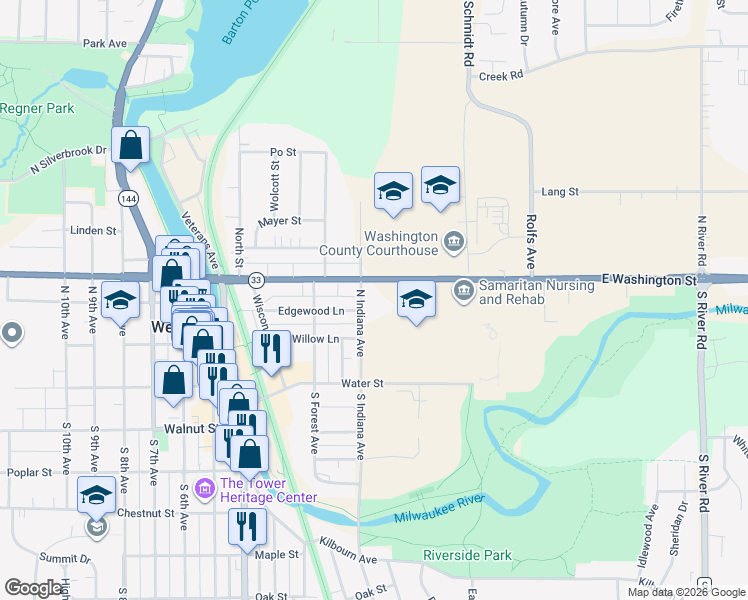 map of restaurants, bars, coffee shops, grocery stores, and more near 333 East Washington Street in West Bend