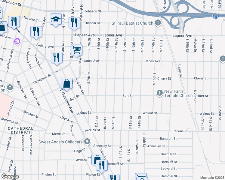 map of restaurants, bars, coffee shops, grocery stores, and more near 435 South 11th Street in Saginaw