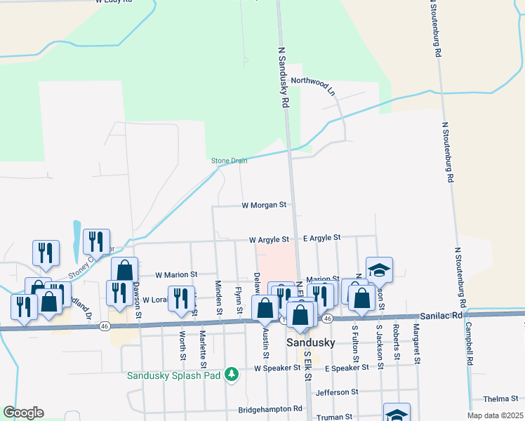 map of restaurants, bars, coffee shops, grocery stores, and more near 68 West Morgan Street in Sandusky
