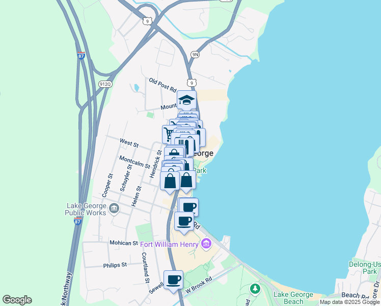 map of restaurants, bars, coffee shops, grocery stores, and more near East Shore Drive in Lake George