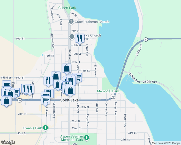 map of restaurants, bars, coffee shops, grocery stores, and more near 505 14th Street in Spirit Lake