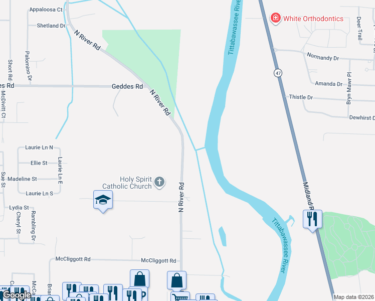 map of restaurants, bars, coffee shops, grocery stores, and more near 1180 North River Road in Saginaw