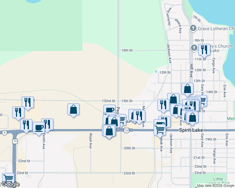 map of restaurants, bars, coffee shops, grocery stores, and more near in Spirit Lake