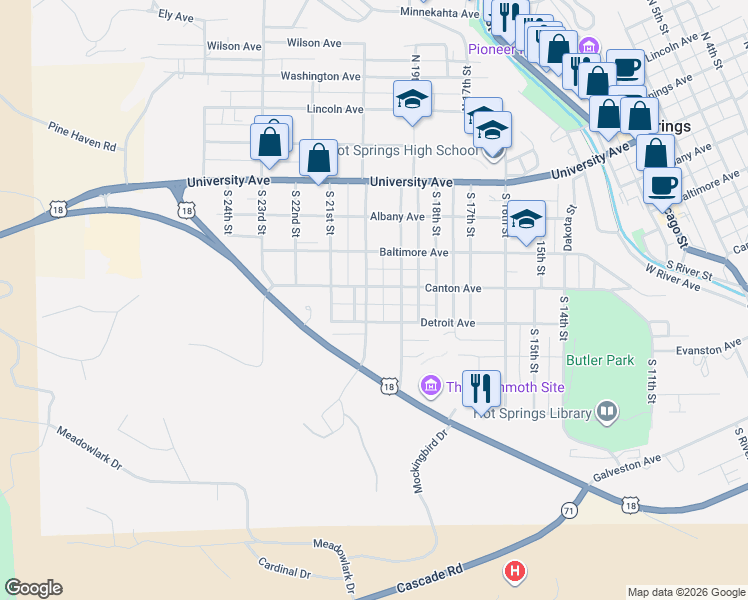 map of restaurants, bars, coffee shops, grocery stores, and more near 401-405 South 20th Street in Hot Springs