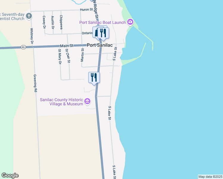 map of restaurants, bars, coffee shops, grocery stores, and more near 357 South Lake Street in Port Sanilac