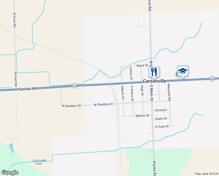 map of restaurants, bars, coffee shops, grocery stores, and more near 3756 East Chandler Street in Carsonville